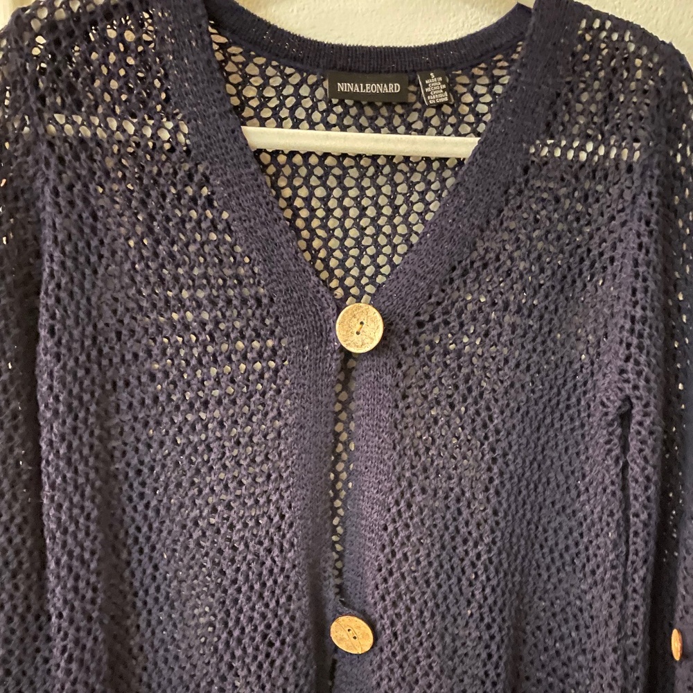 Nina Leonard Fishnet Navy Cardigan Sweater SZ SM